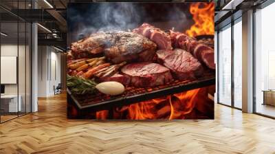 A picture of a grill with meat and vegetables cooking on it. This image can be used to showcase outdoor cooking, barbecues, or food preparation Wall mural