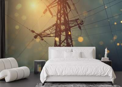 A power pole with many wires and equipment Wall mural