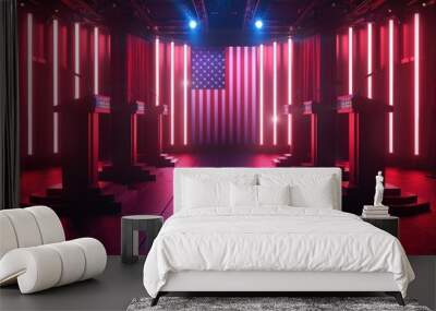 A room lit by red and blue lights, featuring an American flag Wall mural