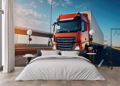 A semi truck is seen driving down a highway with a bridge in the background. This image can be used to depict transportation, logistics, or the concept of travel. Wall mural