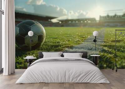 A soccer ball sits atop a vibrant green grassy area, perfect for outdoor recreation or sports-themed designs Wall mural