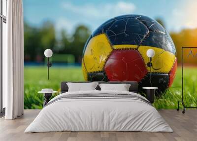 A soccer ball sitting on a lush green grassy field, perfect for sports or outdoor use Wall mural