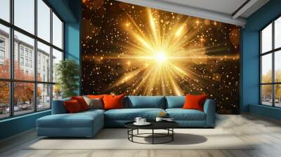 A stunning golden star burst against a dark black backdrop. Ideal for use in holiday designs Wall mural