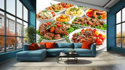 A table filled with various dishes and snacks, great for stock photography Wall mural