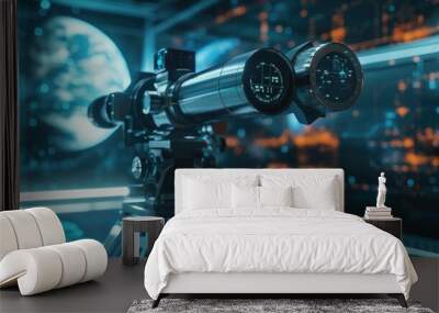 A telescope on a tripod in a space station. Ideal for science and technology concepts Wall mural