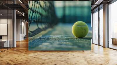 A tennis ball sits alone on a tennis court, waiting for a serve Wall mural