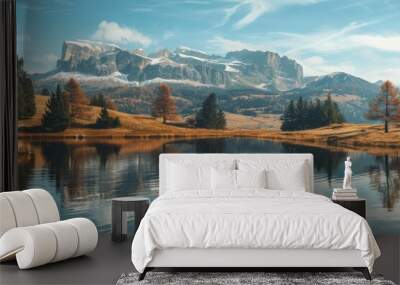 A tranquil body of water with a majestic mountain backdrop. Ideal for nature and travel concepts Wall mural