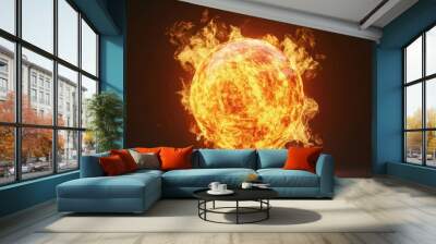 A vibrant orange ball of flames set against a dark background Wall mural