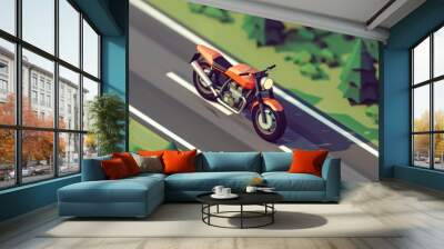 A vibrant orange motorcycle speeding down a winding road Wall mural