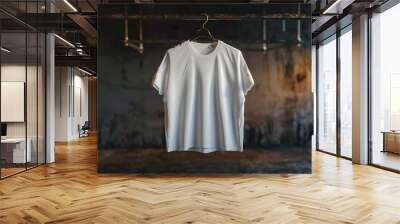 A white t-shirt hanging on a simple clothes rack, great for showcasing fashion or interior design Wall mural