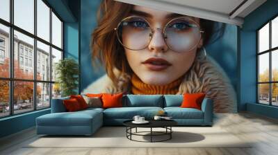 A woman wearing glasses and a turtle neck sweater Wall mural