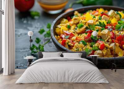 A wooden bowl filled with a variety of food items Wall mural