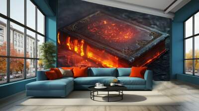 An old book with flames burning on a dark surface Wall mural