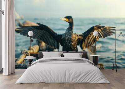 Bird with wings spread on a boat, suitable for travel themes Wall mural