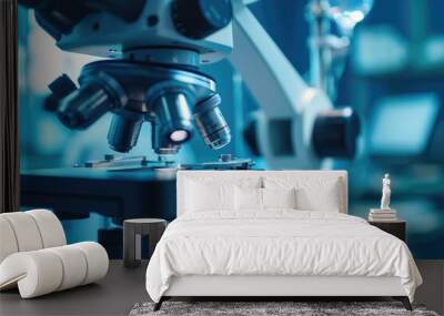 Close up of a microscope on a table, suitable for scientific and educational purposes Wall mural