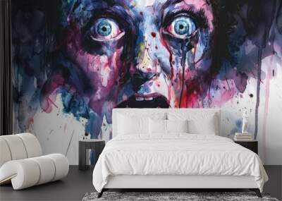 Close-up of a woman's bloody face, perfect for horror or suspense scenes Wall mural