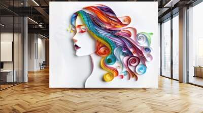 Close-up of a woman's face with vibrant, colorful hair. Suitable for beauty or fashion concepts Wall mural