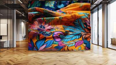 Colorful Floral Print Fabric Close Up Wall mural