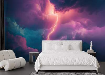 Dramatic purple and blue sky with a striking lightning bolt. Perfect for weather or nature concepts Wall mural