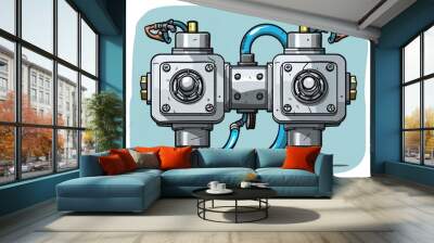 Drawing of two industrial valves with blue hoses. Suitable for engineering projects Wall mural