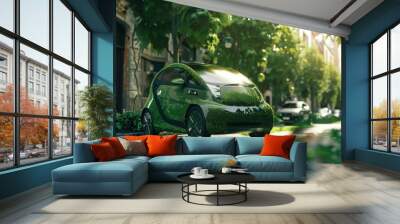 Electric car covered in grass, suitable for eco-friendly concepts Wall mural