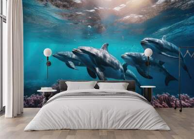 Flock of dolphins swims underwater Wall mural