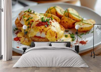 Freshly cooked eggs and potatoes served on a clean white plate, perfect for breakfast or brunch Wall mural