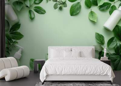 Green background with leaves and lotion bottles. Perfect for beauty or nature concepts Wall mural