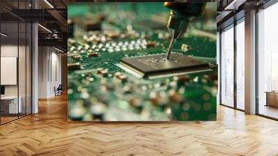 High-resolution image of a computer chip on a motherboard, ideal for use in technology-related contexts Wall mural