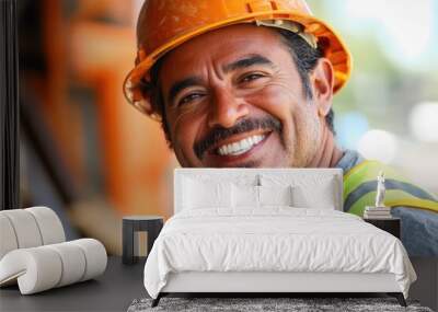 Man wearing hard hat and safety vest on construction site Wall mural