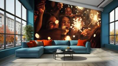 People holding sparklers on celebration or event, great for parties and gatherings Wall mural