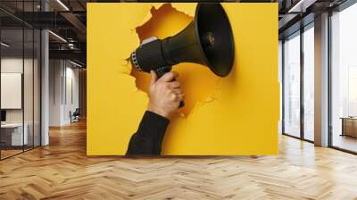 Person holding a megaphone in front of a hole in a wall. Suitable for announcements or communication concepts Wall mural