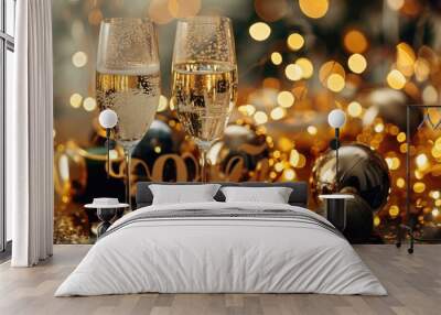 Two glasses of champagne sitting on top of a table. Perfect for celebrations and special occasions Wall mural