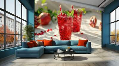 Two glasses of pomegranate and mint on a table. Great for food and beverage concepts Wall mural