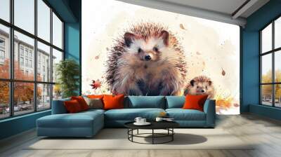 Two hedgehogs sit together on a green grassy field, surrounded by nature Wall mural