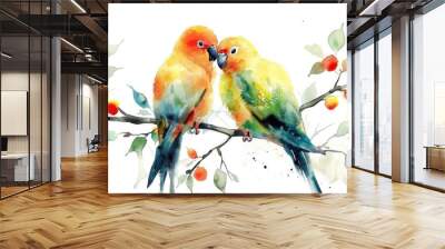 Two vibrant birds resting on a tree branch, with bright colors and natural surroundings Wall mural