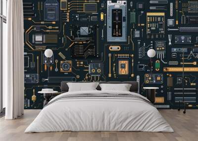 Various electronic components on a sleek black background. Ideal for technology and innovation concepts Wall mural