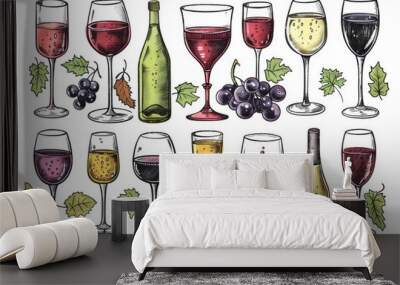 Wine and grapes on table Wall mural