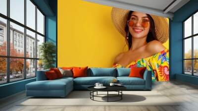 Woman wearing stylish hat and sunglasses on bright yellow backdrop. Perfect for fashion or summer concept Wall mural