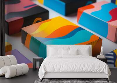 A close-up of a custom branded package, with a company logo and vibrant colors printed on the box. Wall mural