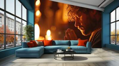 A medium close-up of a man with his hands clasped in prayer, eyes closed in deep devotion, framed by the soft glow of candlelight in a church. Wall mural