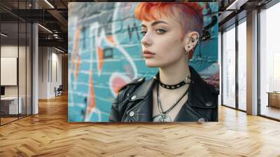 A medium close-up of a young person with vibrant dyed hair, piercings, and a leather jacket, standing against a graffiti-covered wall, representing alternative street style. Wall mural