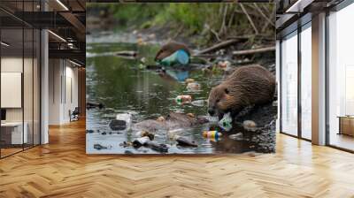 photo where beavers survive among garbage, environmental problems Wall mural