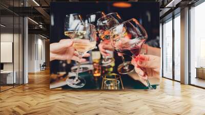 Clinking glasses with alcohol and toasting, party. Wall mural