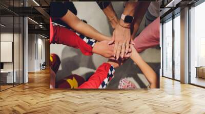 Close up of high five hand gesture, symbol of common celebration or greeting, people planning to reach their goal, slap each other to start working together. Success and teamwork concept. Wall mural