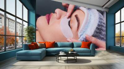 Eyelash Extension Procedure. Close up view of female eye with long eyelashes. Stylist holding pink tweezers, tongs and making lengthening lashes. Macro, selective focus. Beauty Concept. Treatment. Wall mural