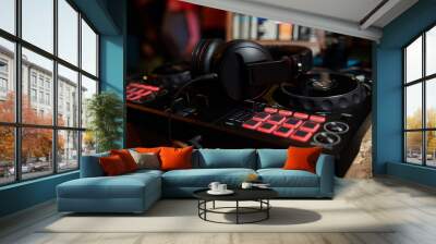 music console and headphones for DJ. DJ console cd mp4 deejay mixing desk music party in nightclub. DJ console for experiments with music Wall mural