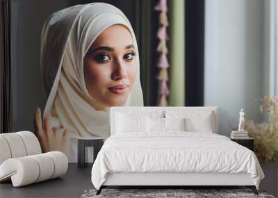 portrait of a beautiful Muslim woman in traditional Islamic clothing and cover their heads. Wall mural