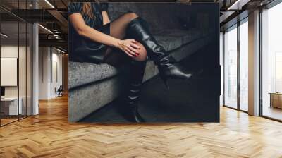 style. fashion. shoes. high women's black boots. beautiful female legs. Wall mural