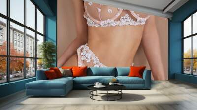 young woman in transparent lingerie posing against studio background. Wall mural